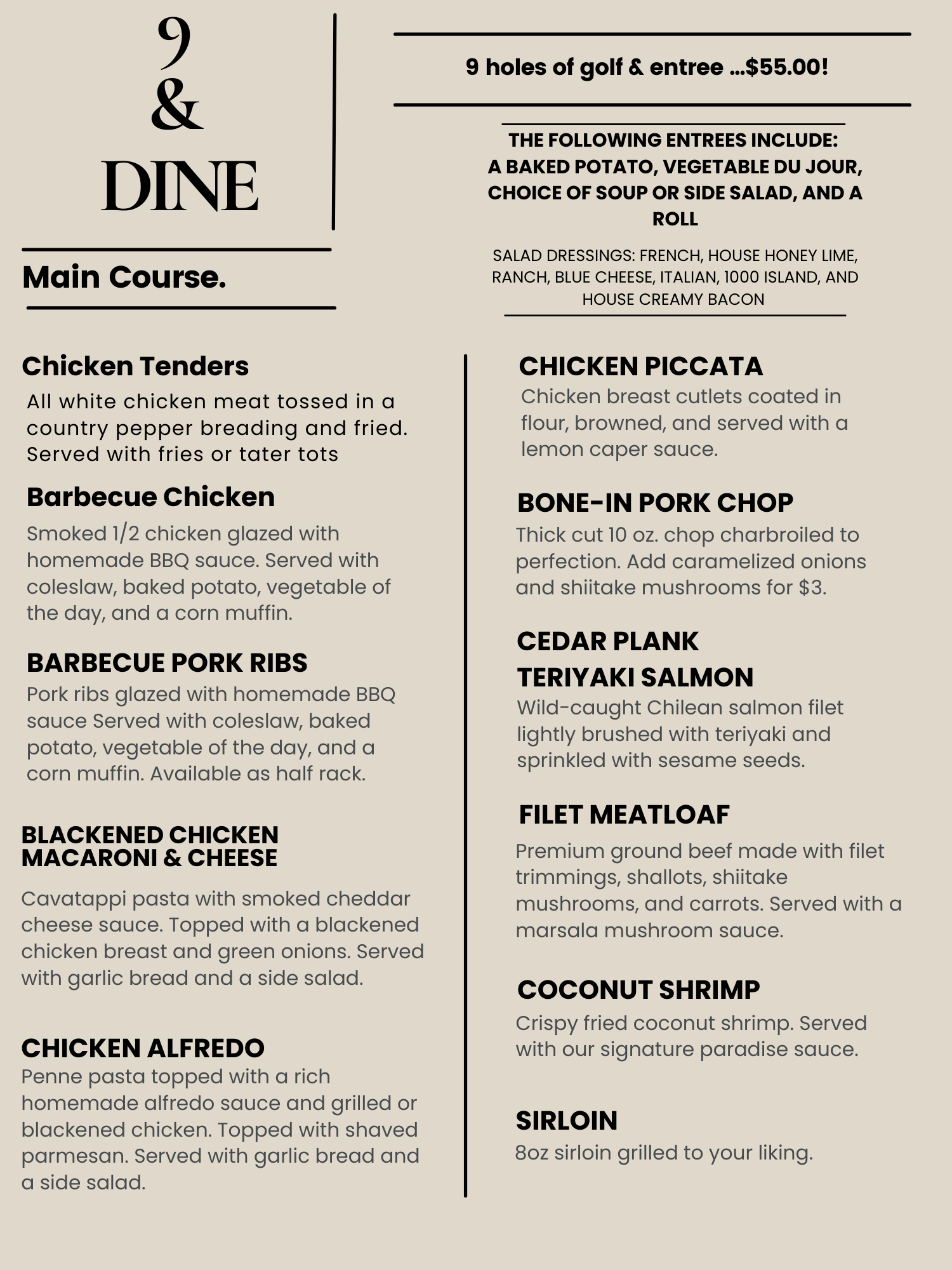 9 & Dine Menu